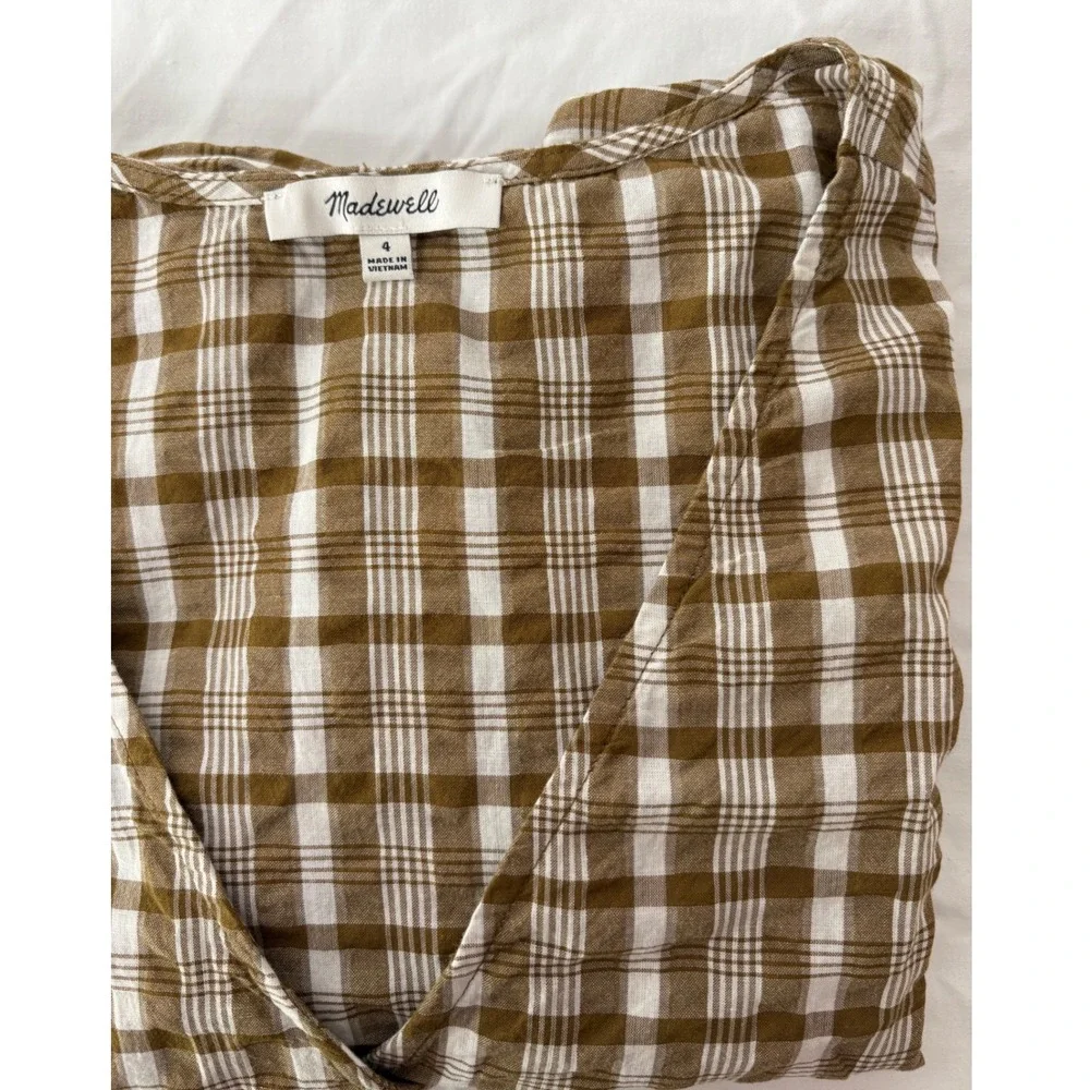 Madewell Plaid Puff Sleeve V Neck Button Front‎ Blouse Top Size 4 Brown White